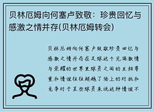 贝林厄姆向何塞卢致敬：珍贵回忆与感激之情并存(贝林厄姆转会)