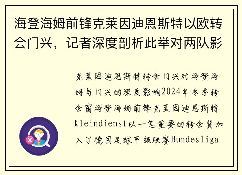 海登海姆前锋克莱因迪恩斯特以欧转会门兴，记者深度剖析此举对两队影响